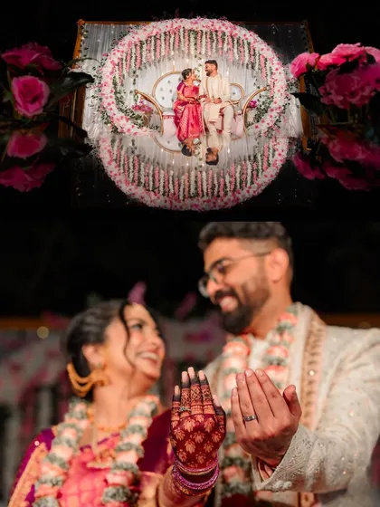 A collage from a ring ceremony, showing the grand floral stage decor and a close-up of the couple showing off their new rings.