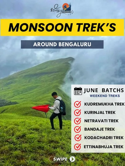 A poster announcing our weekend monsoon treks for June, including Kudremukha, Kurinjal, Netravati, and more.