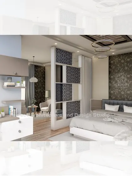 A multi-functional bedroom design combining a sleeping area with a dedicated study space. A patterned partition provides visual separation, while the built-in desk and overhead cabinets offer a practical workspace solution. The floral accent wallpaper adds a touch of personality to the room.