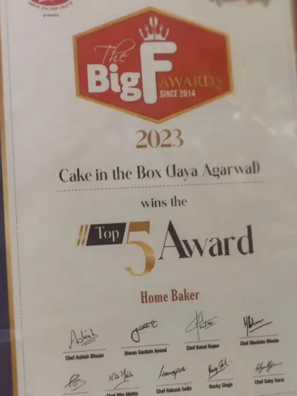 A close-up of my "Top 5 Home Baker" award from The Big F Awards 2023. It's a reminder of my commitment to quality and creativity.