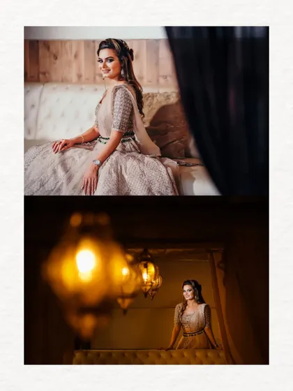A collage of the bride's portraits, using creative angles and lighting to showcase her beauty and the elegant, moody atmosphere of the venue.