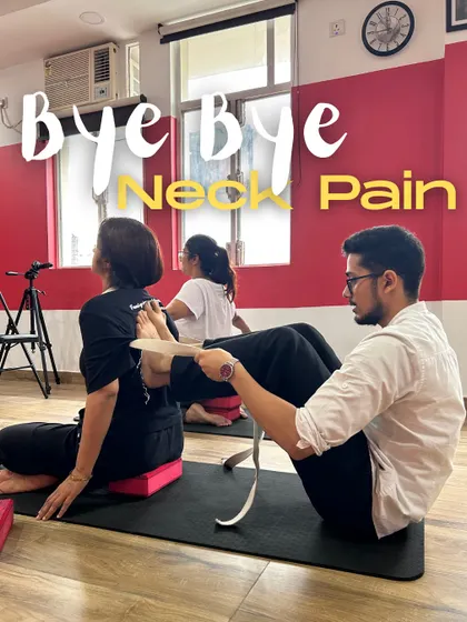 Saying goodbye to neck pain is possible, even if you feel very stiff. In my classes, I use props like this yoga strap to help students safely deepen a stretch and release tension in the hamstrings and lower back, which is often connected to neck issues. No forcing, just gentle, effective healing.