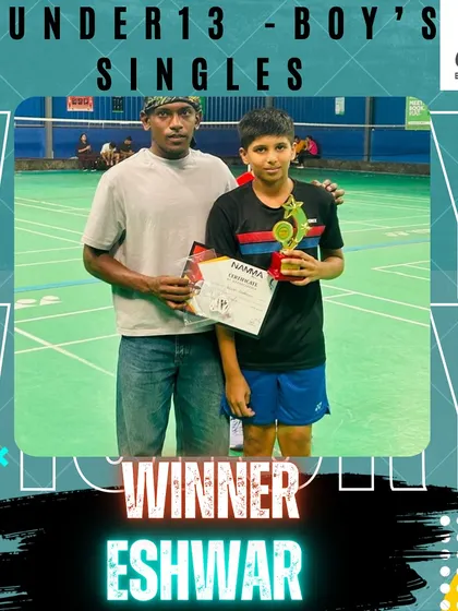 Congratulations to Eshwar for his victory in the Under 13 Boys Singles at the Namma Junior Badminton Tournament. His dedication to improving his game is clear.