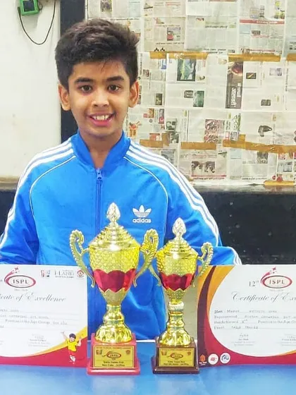 Kathit Shah with his trophies after winning the U-12 title and finishing runner-up in another category at the 12th Interschool Premier League.