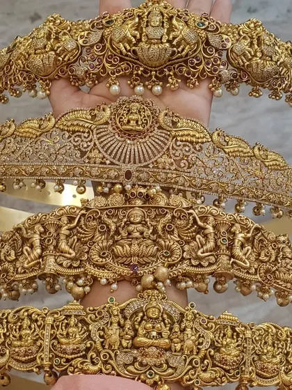 A selection of our intricately carved antique-finish waist belts (vaddanams). These are the perfect finishing touch for any bridal saree.