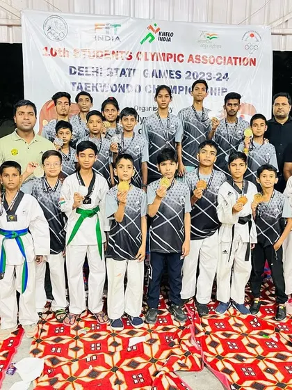 The team photo from the Delhi State Student Olympic Games. We compete at the highest levels to test our skills.