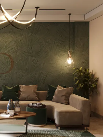 A close-up of the corner of the living room, showing the rich texture of the green wallpaper and the soft glow of the pendant light.