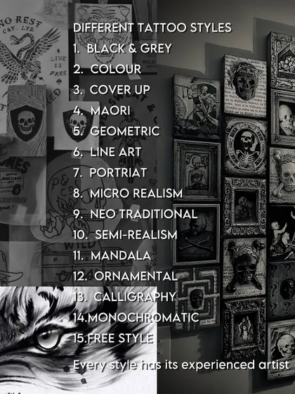 We have an experienced artist for every style, from black and grey, color, and cover-ups to geometric, line art, portrait, realism, mandala, and calligraphy.