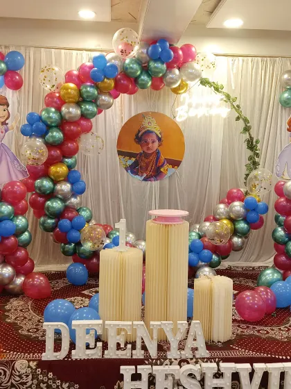 We love doing themed birthday parties. Here is a complete setup for a first birthday with a princess theme, including a custom balloon arch, character cutouts, a photo of the birthday girl, and a personalized 3D name board.