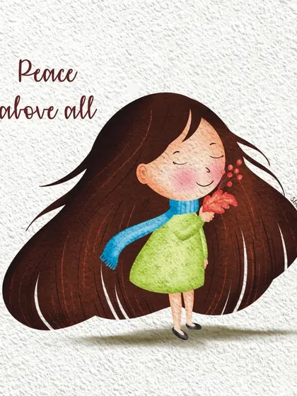 A cute digital drawing of a girl with her hair blowing in the wind. This illustration, with its message 'Peace above all', evokes a sense of calm and serenity.