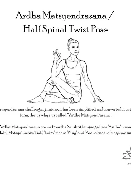 Ardha Matsyendrasana (Half Spinal Twist Pose) makes the spine and shoulders more flexible, benefits the abdominal organs, and increases blood circulation.
