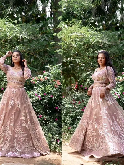 A collage showing a model in a beautiful pink lehenga, showcasing a signature celebrity-inspired look.