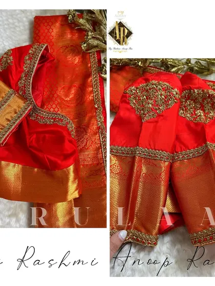 A simple yet elegant orange blouse with minimal buti work on the sleeves. This kind of design is perfect for pairing with a heavy Kanjivaram saree.