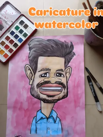 Another view of the watercolor caricature, showing my art supplies. This gives a glimpse into the traditional media I use.