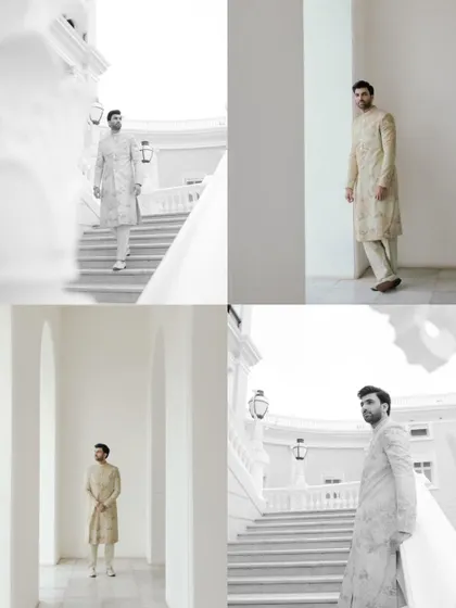 A collage of editorial-style portraits of the groom, Ravi, at the Taj Falaknuma. The clean, white architecture provides a perfect canvas for these stylish shots.