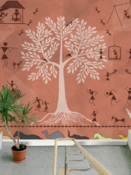 A staircase wall with our Traditional Indian Warli Life wallpaper turns a simple ascent into a cultural journey. The art form’s storytelling nature adds a dynamic element to the space.