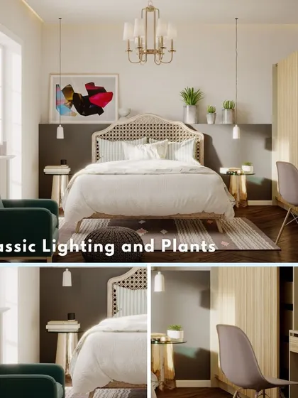 A mid-century modern bedroom with classic lighting, a rattan headboard, and plenty of plants to create a sleep sanctuary with timeless allure.
