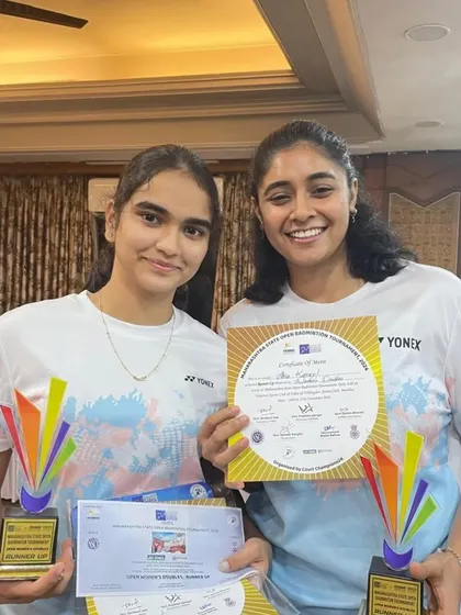 Vedika Kulkarni and her partner Alka Karaiyal all smiles after their well-deserved silver medal win at the state open tournament held at NSCI.