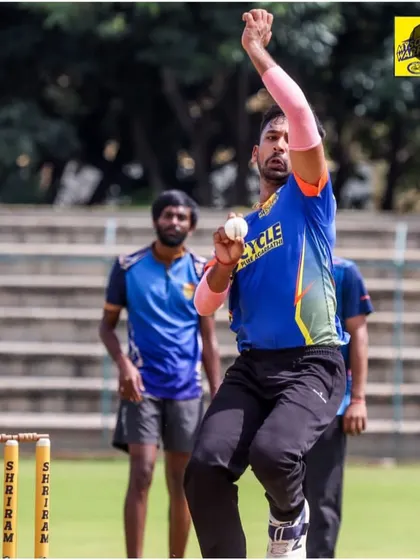 A focused Aditya Mani preparing to bowl during a Mysore Warriors practice session. This image captures the intensity and professionalism we cultivate.