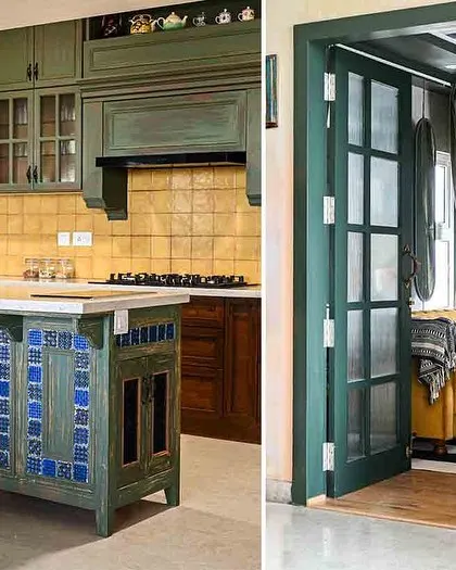 A split image showing the "Colors of Goa" kitchen and the entryway to the dark green media room.