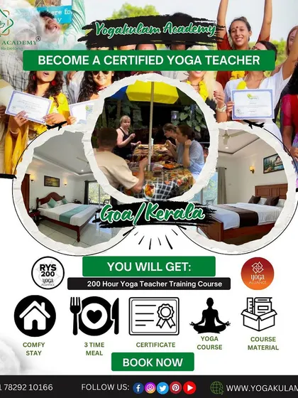 Become a certified yoga teacher with us in Goa or Kerala. This graphic clearly lays out what you get: a comfy stay, three daily meals, a certificate, and a comprehensive yoga course.