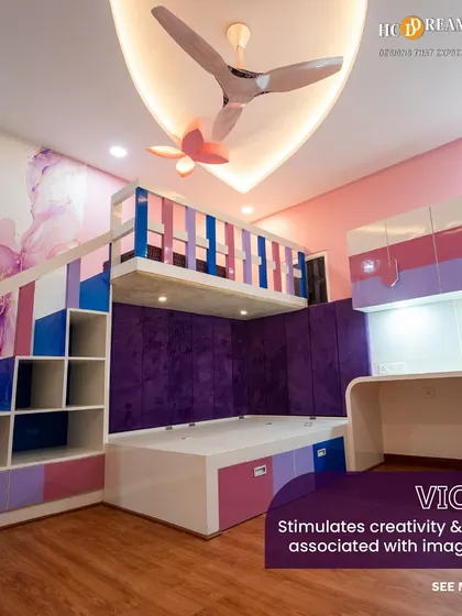 A vibrant kid's room in shades of violet and purple, designed to stimulate creativity and imagination. The loft bed with an integrated study area is a perfect solution for a compact room.