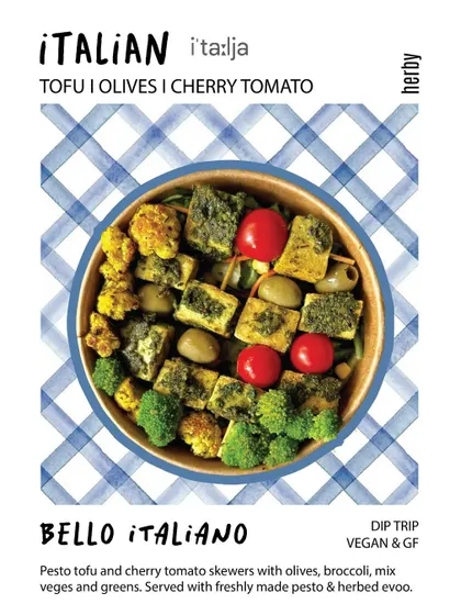 The Bello Italiano bowl is our tribute to Italy. We create skewers of pesto tofu and cherry tomatoes, paired with olives, broccoli, and mixed greens, and dress it all with more of our freshly made pesto and herbed olive oil.
