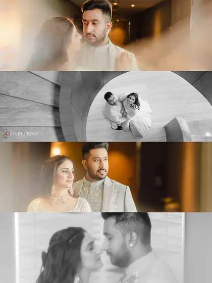 A collage of artistic and cinematic portraits of the couple, using different angles and black-and-white effects.