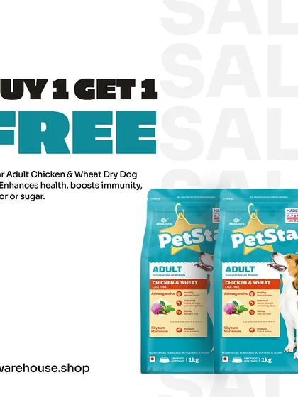 Don't miss this Buy 1 Get 1 Free offer on Petstar Adult Chicken & Wheat Dry Dog Food. It's a balanced formula designed to enhance health and boost immunity, with no artificial colors or sugar.