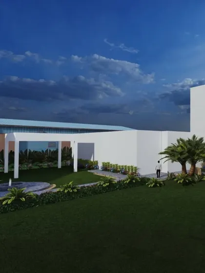 A 3D design render showing the planned layout for Yellow Tree Banquets, including a central fountain, manicured lawns, and structured pathways.