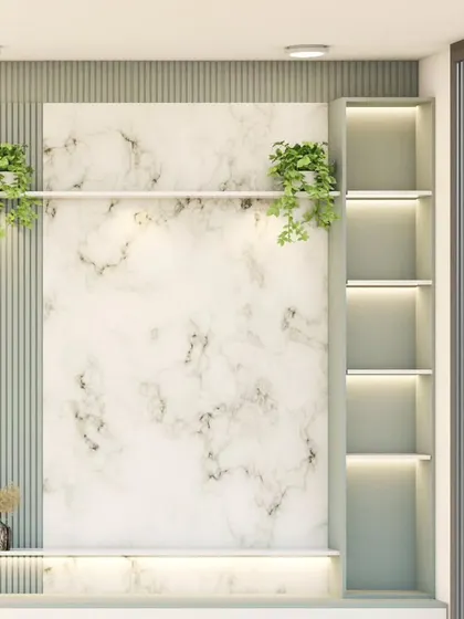A modern TV unit design that combines a marble-finish back panel with fluted accents and open-lit shelving. The floating console नीचे provides storage while maintaining a light, airy feel.