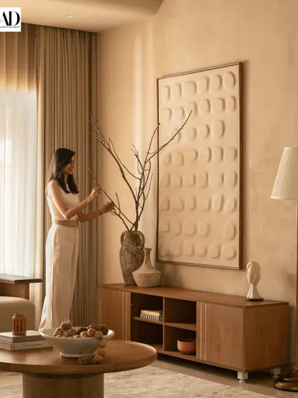 A moment of final styling from the Architectural Digest photoshoot. This image captures the importance of texture and form, with a 3D wall art piece, a rustic vase, and carefully placed branches.