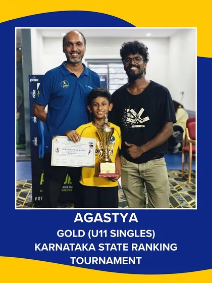 Back to back gold medals for Agastya. Here he is with his coaches at our PBA JP Nagar center after winning the U11 Karnataka State Ranking Tournament.
