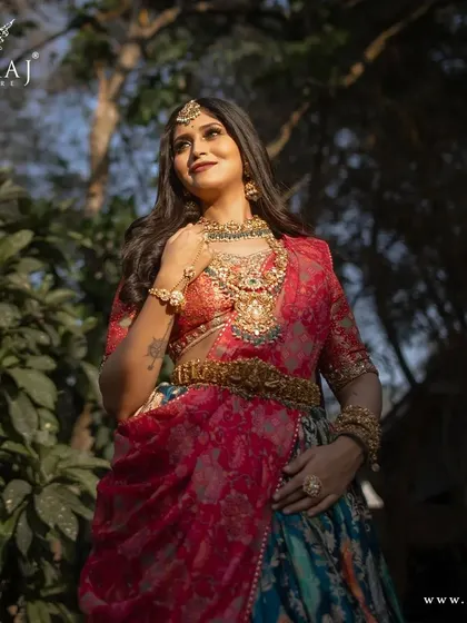 A close-up of the multi-colored banarasi lehenga, highlighting its intricate details and beautiful craftsmanship.