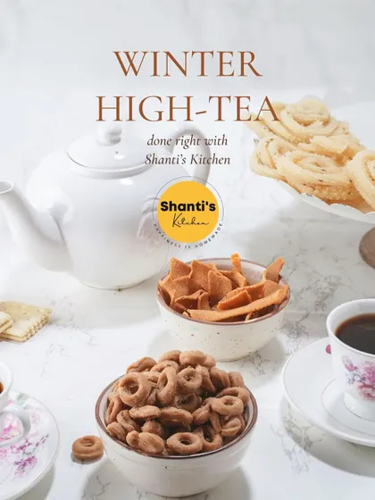 A winter high tea done right with my snacks. The spicy warmth of my Kodbale and Murukku pairs wonderfully with a hot cup of tea or coffee on a chilly evening.