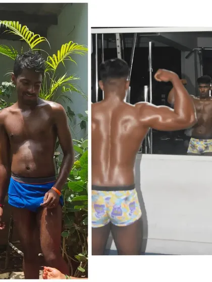 Another angle of a client's one-month transformation, reflecting on his progress. Building confidence is as important as building muscle.
