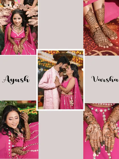 A collage dedicated to the Mehndi ceremony, showing close-ups of the intricate henna designs on the bride's hands and feet.