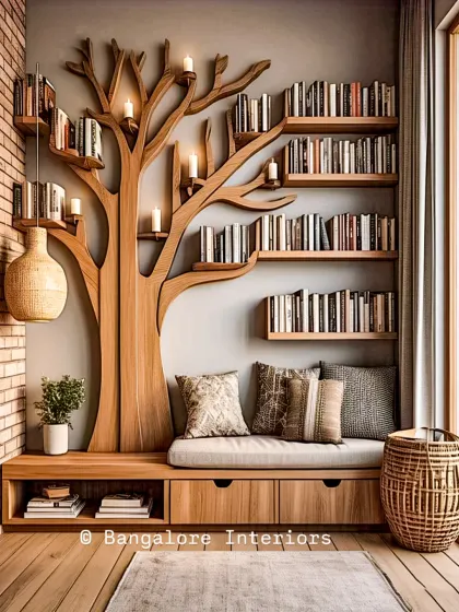 A whimsical and artistic bookshelf in the shape of a tree. This custom piece includes a built-in reading nook with storage drawers, creating a magical corner for book lovers.