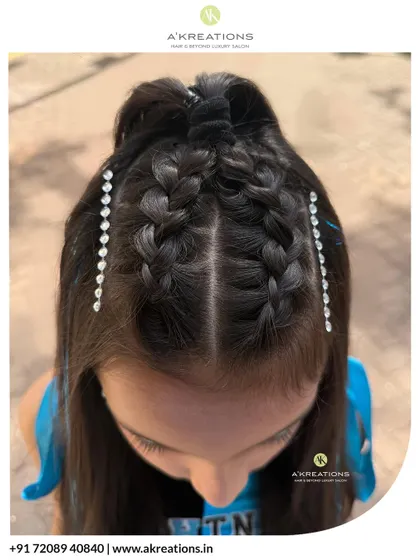 A close-up of this fun and trendy hairstyle for kids, featuring double Dutch braids accented with sparkling rhinestone strands.