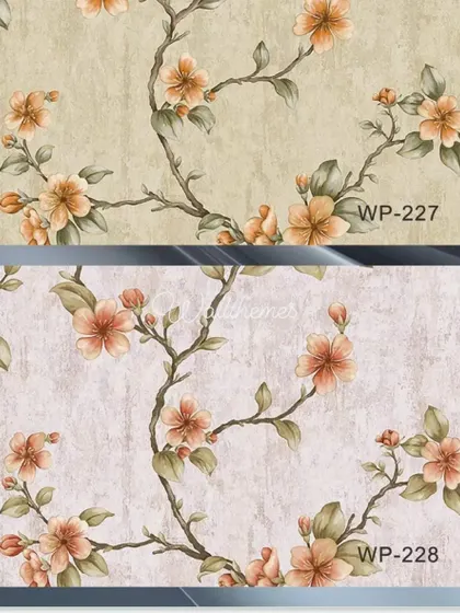 Two color options for a wallpaper with orange-peach flowers on climbing branches.
