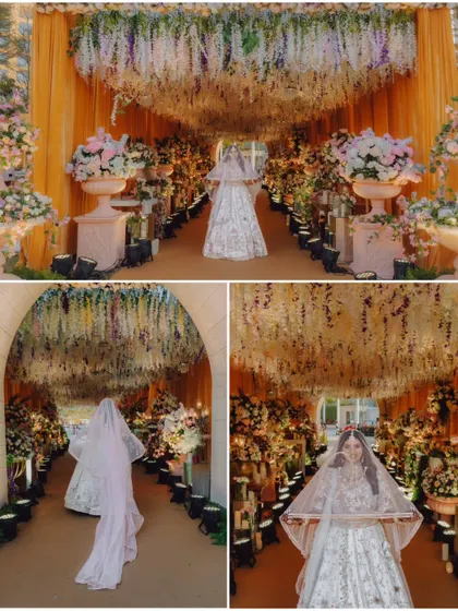 A collage showcasing the bride's majestic walk down the aisle, her long veil trailing behind her.