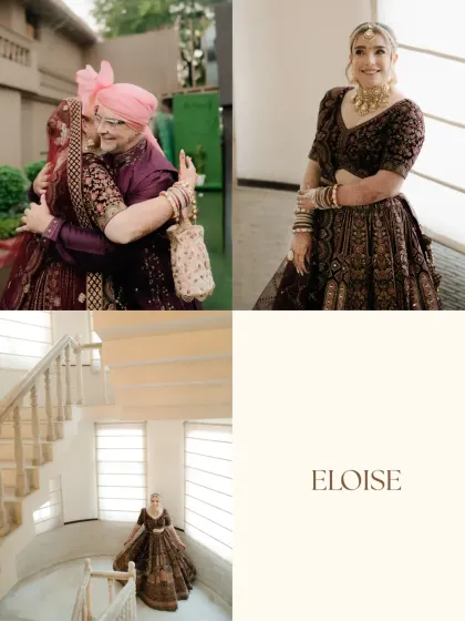 A collage of bridal moments, from a hug with her father to elegant solo portraits on a spiral staircase.