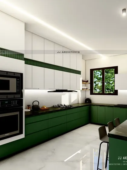 A 3D render of a spacious kitchen for a duplex project in Faridabad. The design uses a bold two-tone scheme with forest green base cabinets and white overhead units for a fresh, modern look.