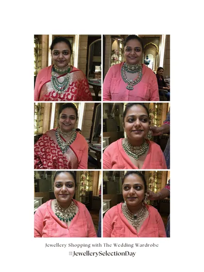 Jewellery selection day. A collage of behind-the-scenes photos showing the bride trying on different necklace options to find the perfect one for her royal wedding look.