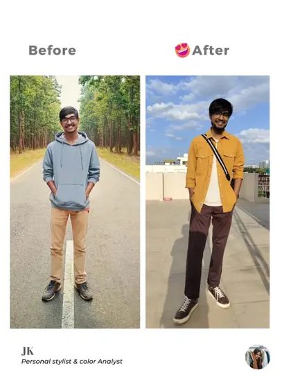 Manas, a software developer in Bengaluru, wanted a more polished but relaxed look. This before and after shows how we elevated his style, moving from a basic hoodie to a confident, layered outfit.