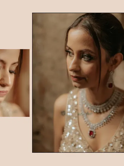 A close-up collage focusing on the bride's expressive eyes and stunning diamond and ruby necklace.