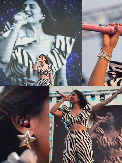 It's all about the details. This collage shows close-ups of the star earring, stacked bracelets, and ruffled top that made Dhvani's performance look so special.