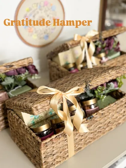 Say "thank you" with a Gratitude Hamper. This reusable wicker trunk is filled with our finest treats and is a wonderful way to show your appreciation.
