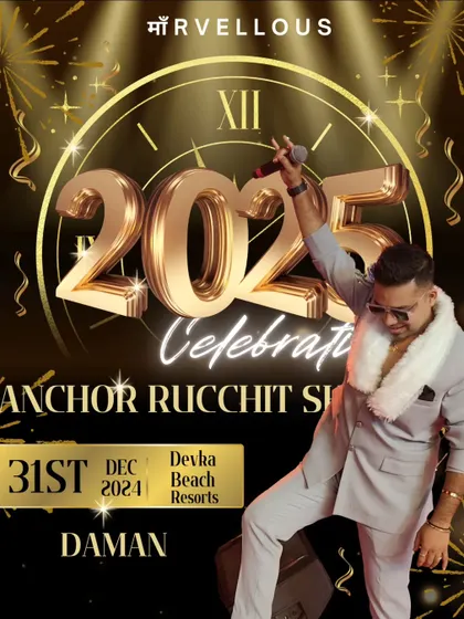 Poster for a New Year's Eve 2025 celebration in Daman. I am the perfect choice to host high-energy parties and ring in special occasions with a blast.