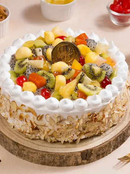A classic fruit cake needs to look fresh, vibrant, and delicious. We carefully style each element, from the glistening fruit to the toasted almonds, to create a perfect image for bakeries and celebration menus.